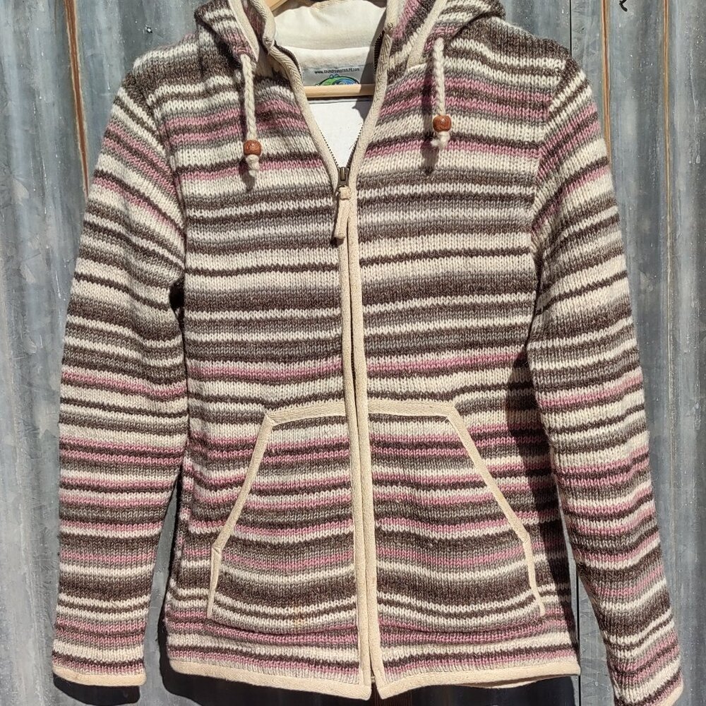 Laundromat Nepal 100% Wool Striped Hooded Sweater Jacket Full Zip Women Medium - Picture 6 of 12